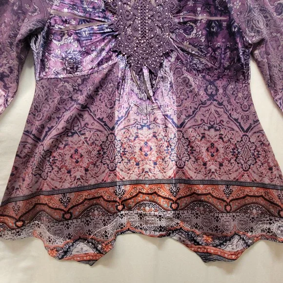 One World Violet Charming Art Purple Paisley Lace Embellished Tunic Top XL - Picture 9 of 15